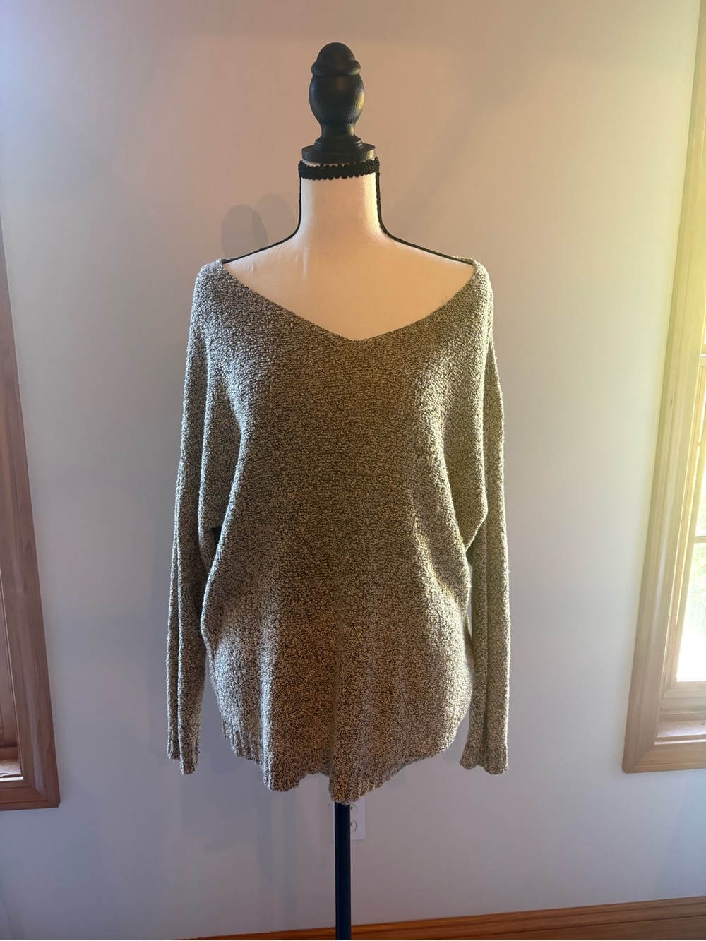 Love Tree Off-the-Shoulder V-Neck Sweater - Olive